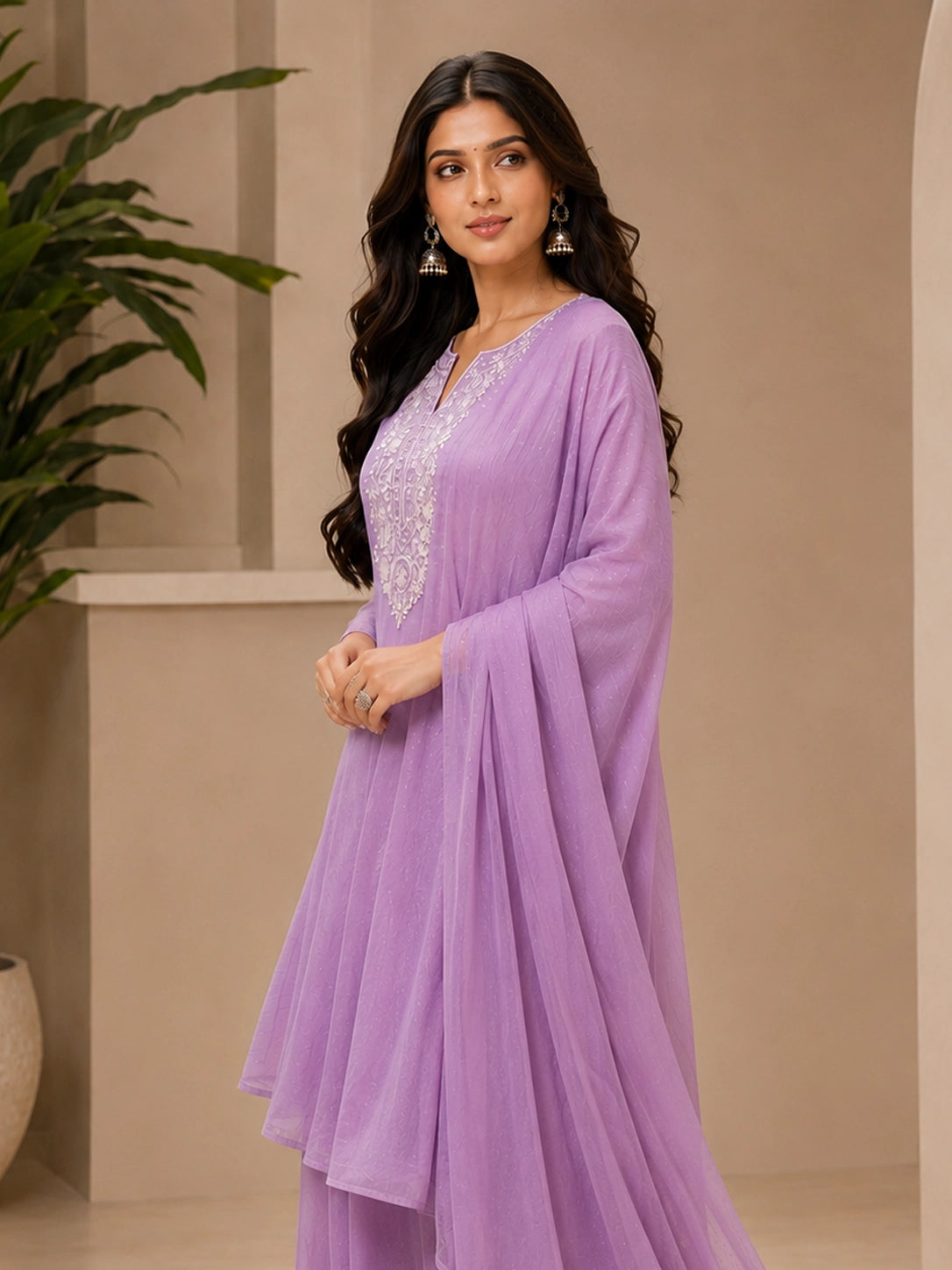 Beige Embroidered Sharara Set with Dupatta for Women