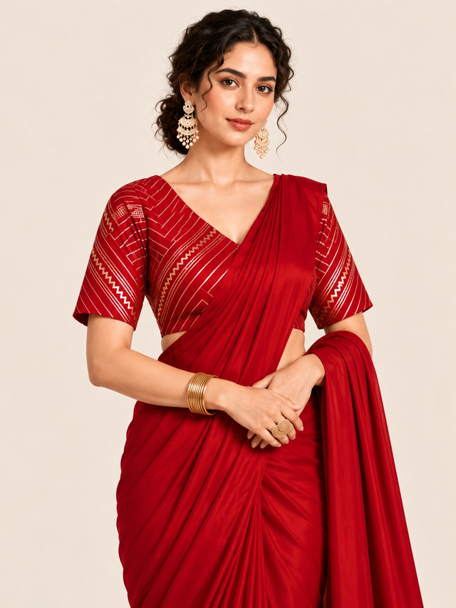Designer Saree with Embroidered Border & Matching Blouse