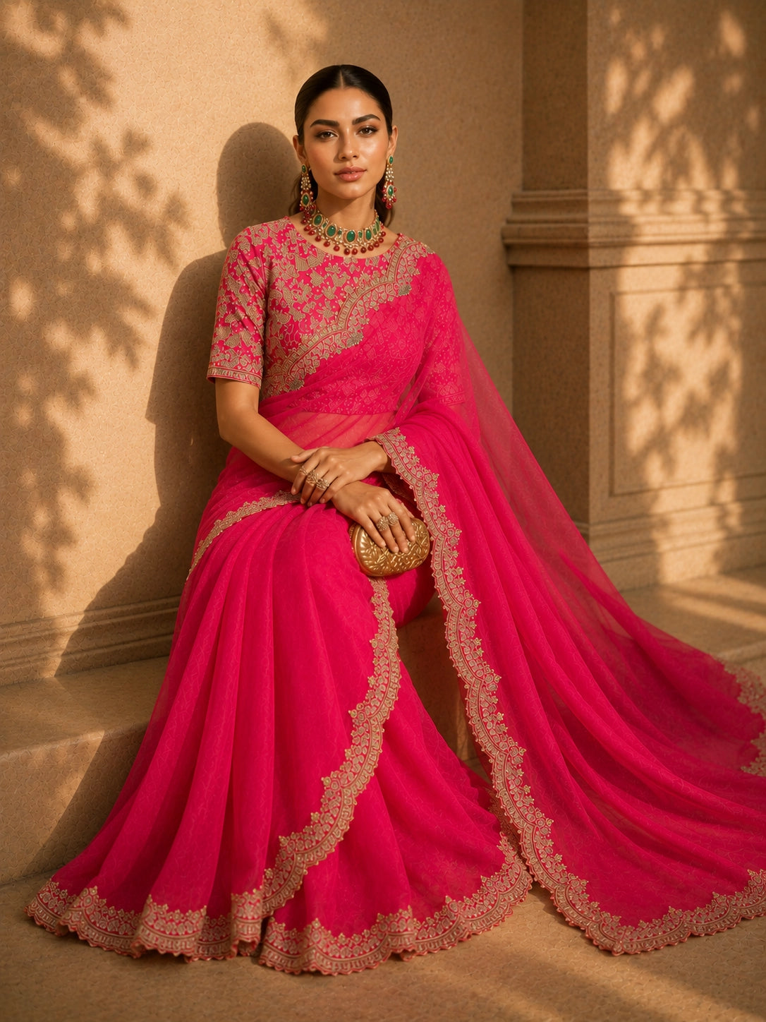Orange Embroidered Designer Organza Saree with Unstitched Blouse for Women