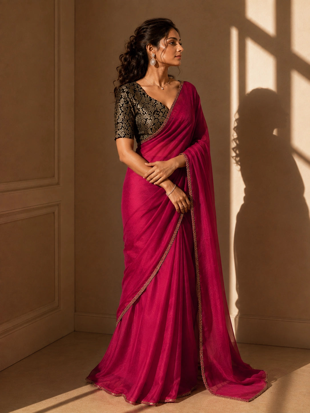 Elegant Red Saree with Black Brocade Blouse