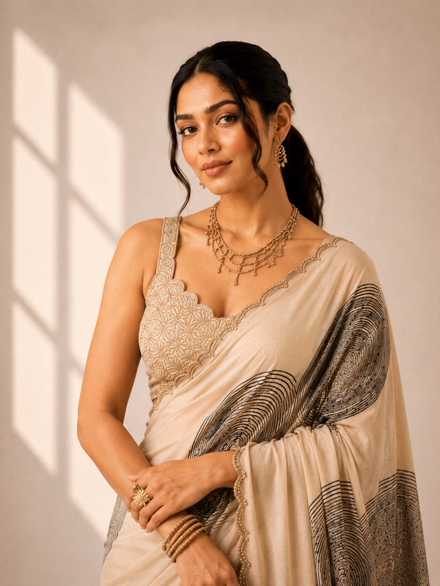 Elegant Cream  Saree with Abstract Wave Print and Embellished Blouse