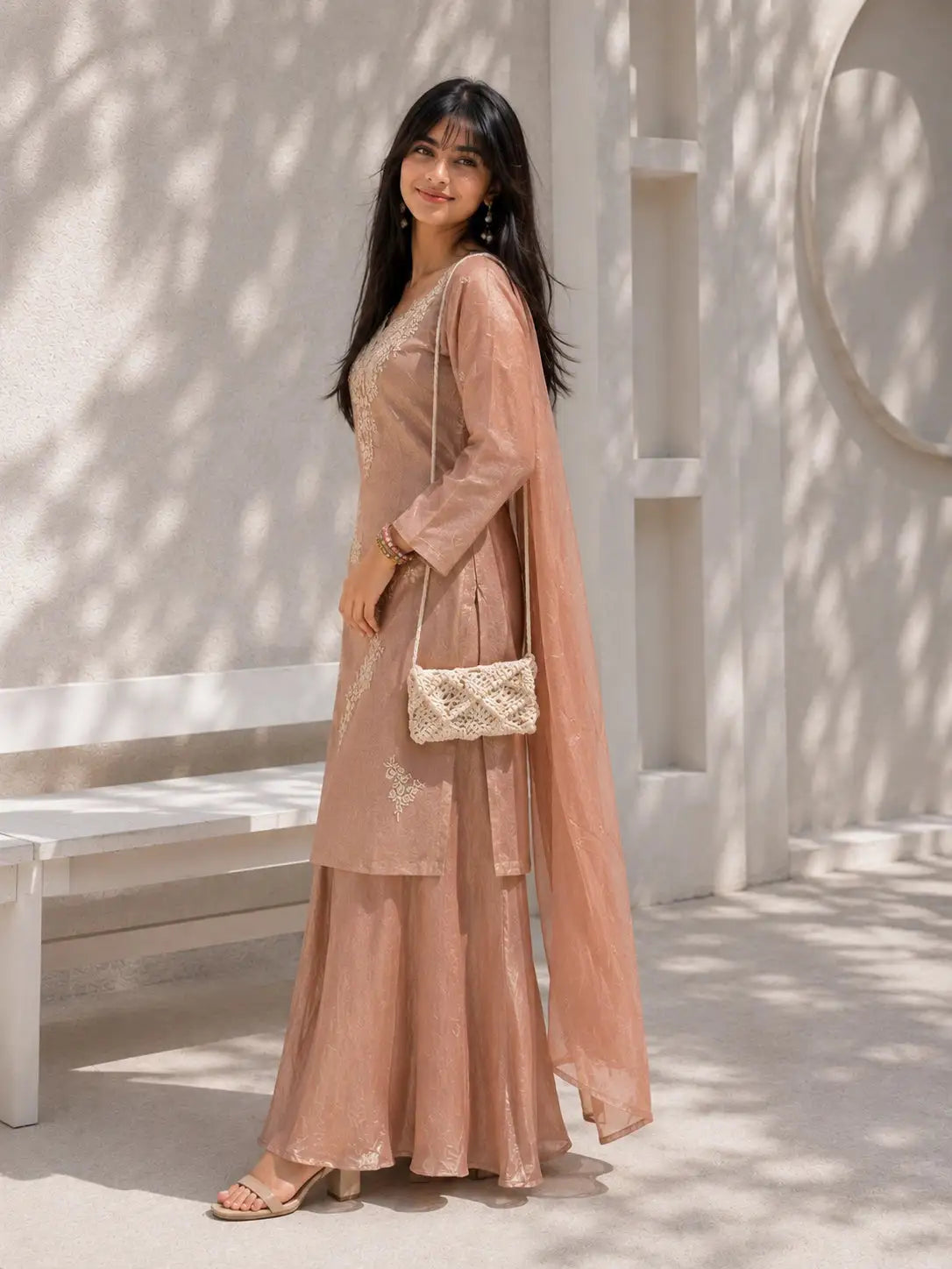 Pink Embroidered Kurta Set with Flared Palazzo & Embellished Dupatta