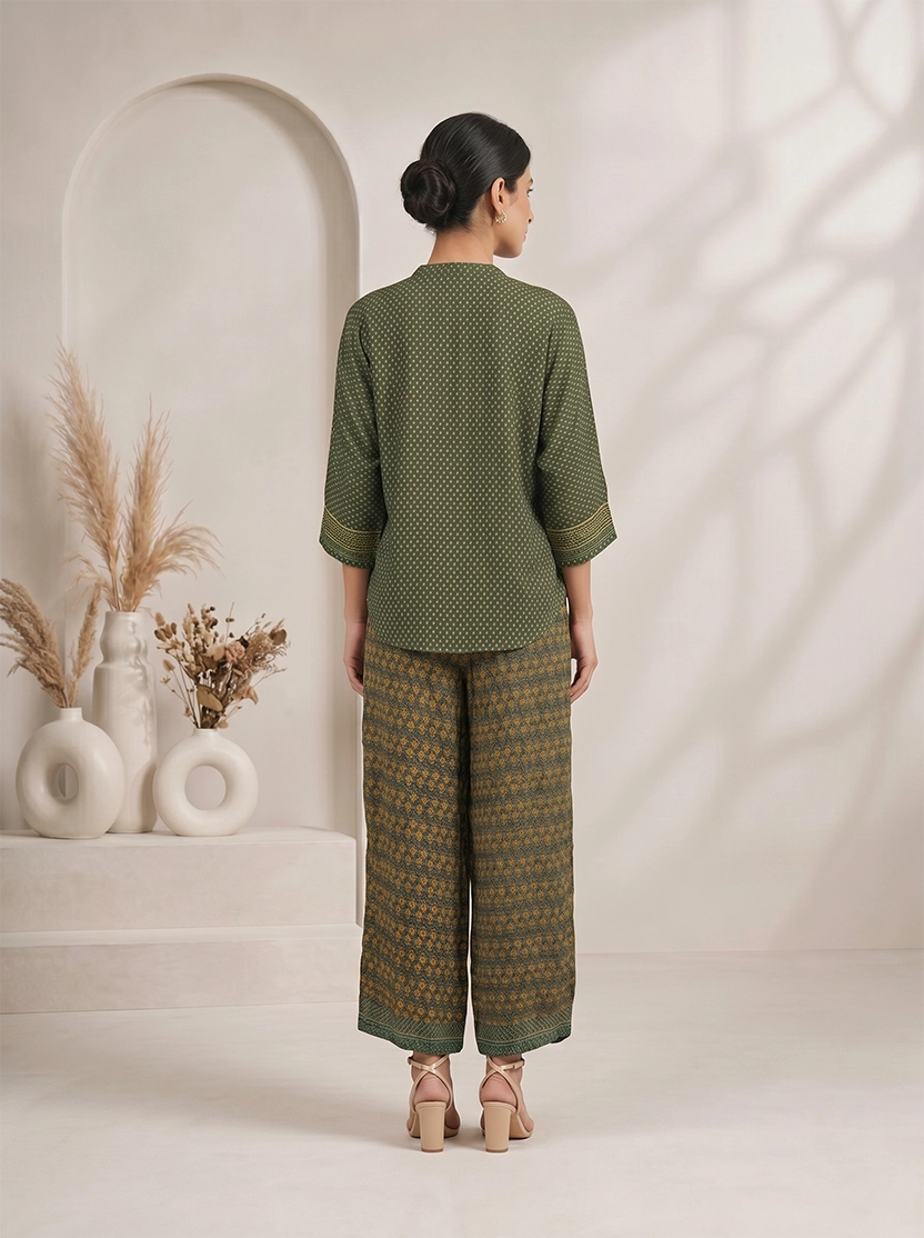 Green Printed Co Ord Set for Women with Embroidered Top