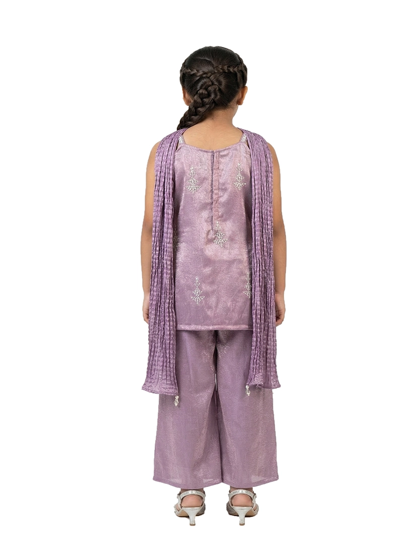 purple embroidered co ord set for girls with dupatta and pants organza silk festive kids outfit