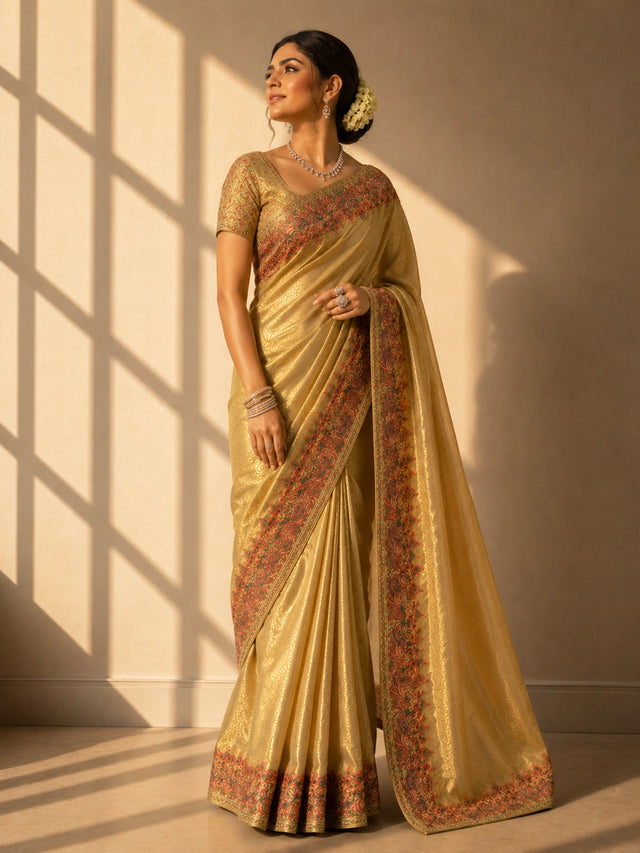 Beige Designer Saree with Multicolor Embroidered Border | Premium Ethnic Wear