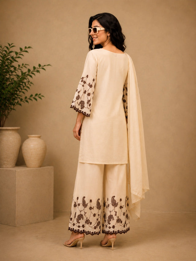 Elegant Cream Co ord set with Brown Floral Embroidery