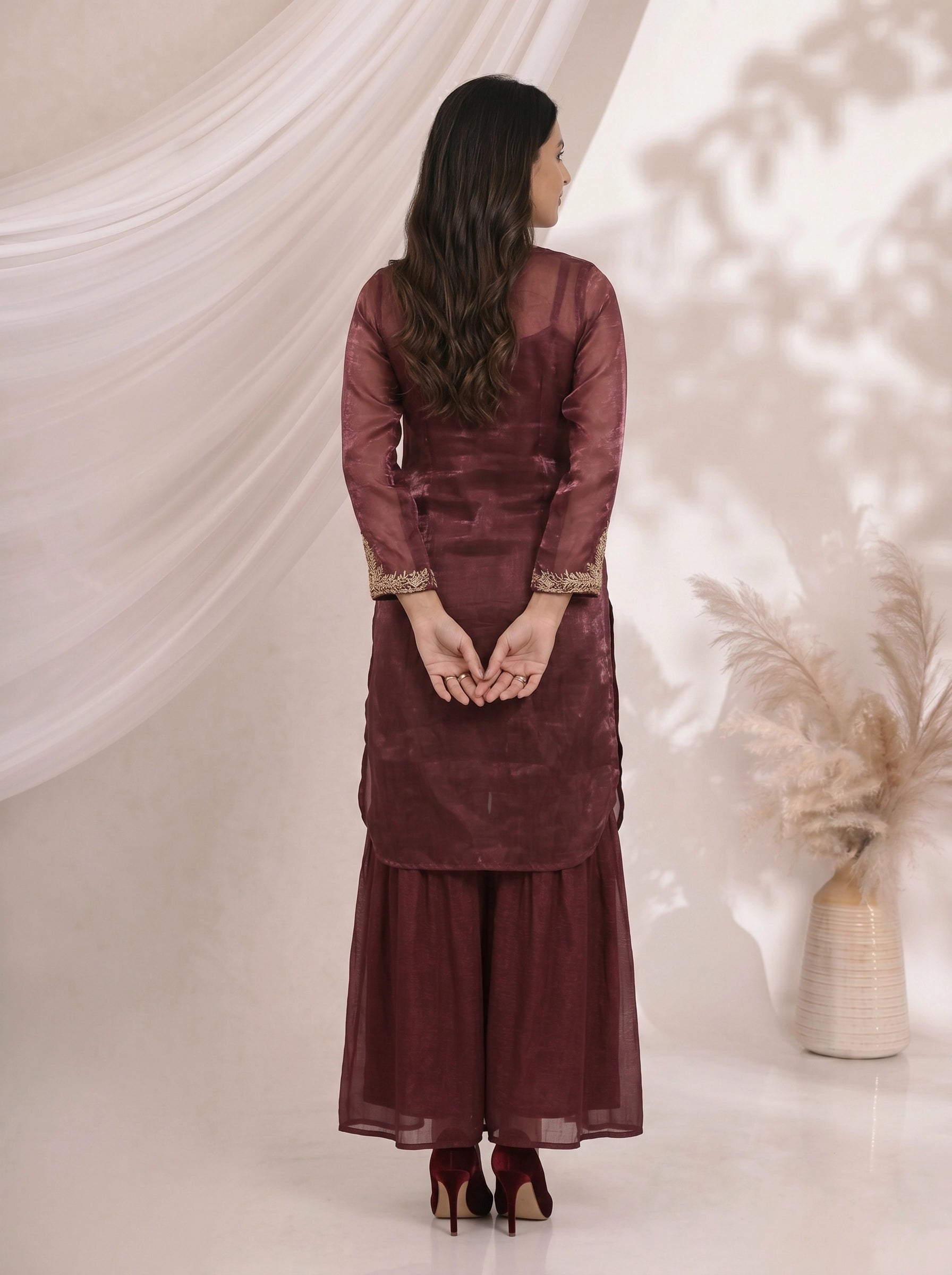 Elegant Maroon Embroidered Kurta and Sharara Set