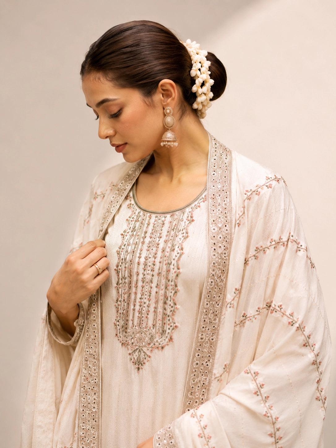 Elegant Ivory Embroidered Anarkali Suit Set