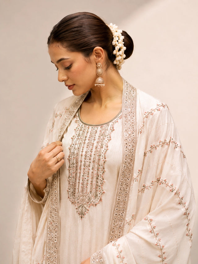 Elegant Ivory Embroidered Anarkali Suit Set