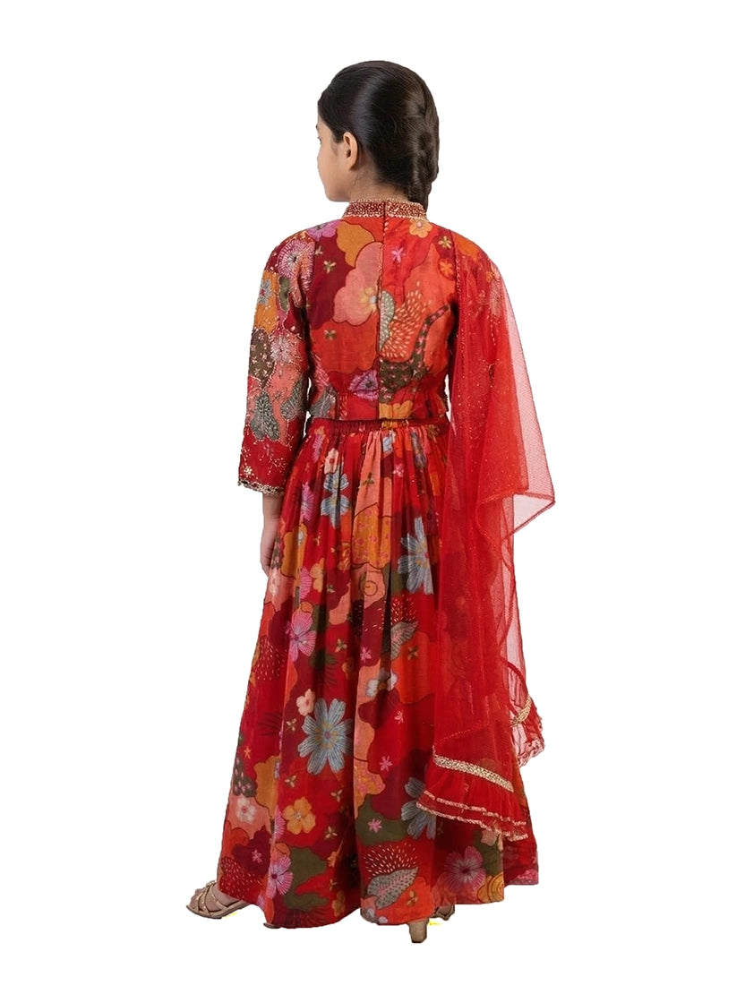 red floral printed lehenga choli for girls with dupatta satin silk party wear kids ethnic dress