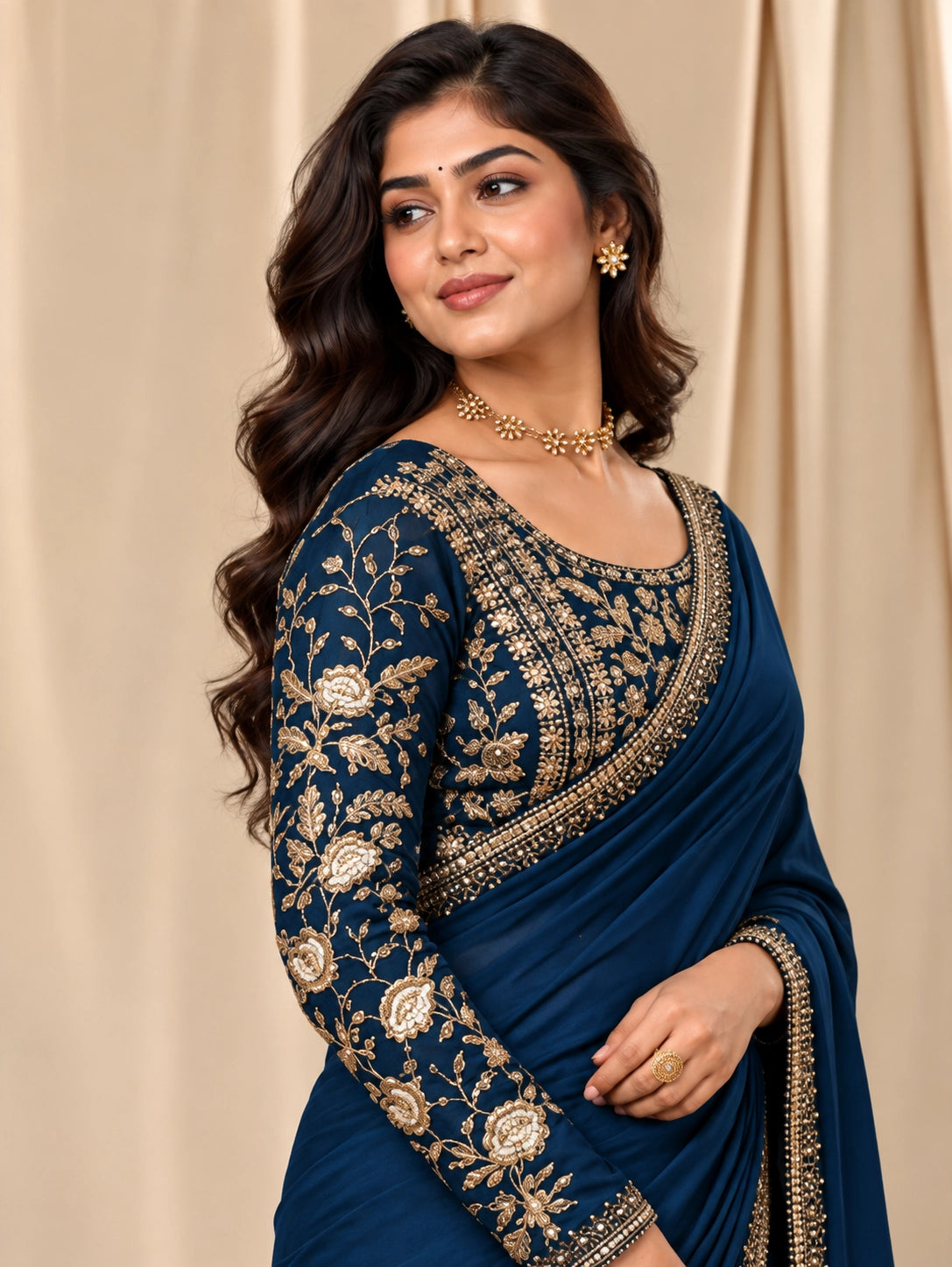 Blue Designer Saree with Intricate Golden Embellished Border