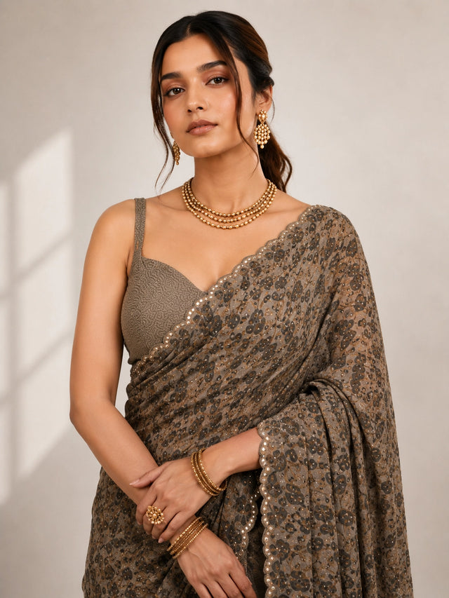 Elegant Cream  Printed Saree with Gold Blouse and Embellished Pallu