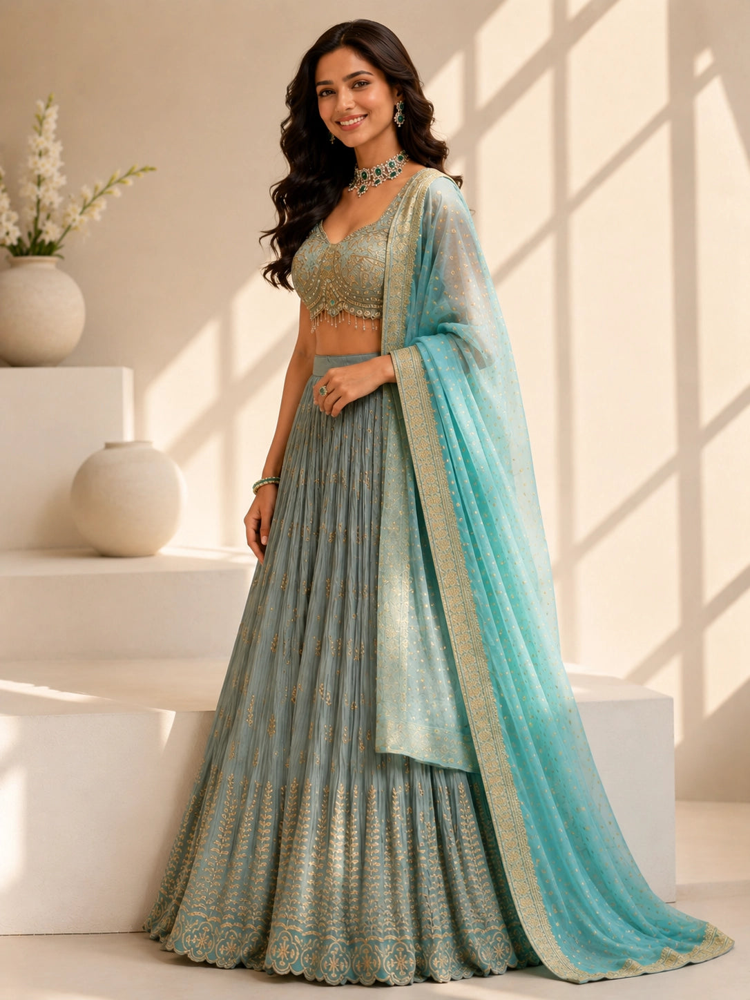 Grey Embroidered Lehenga Set with Sequins Blouse & Dupatta for Women