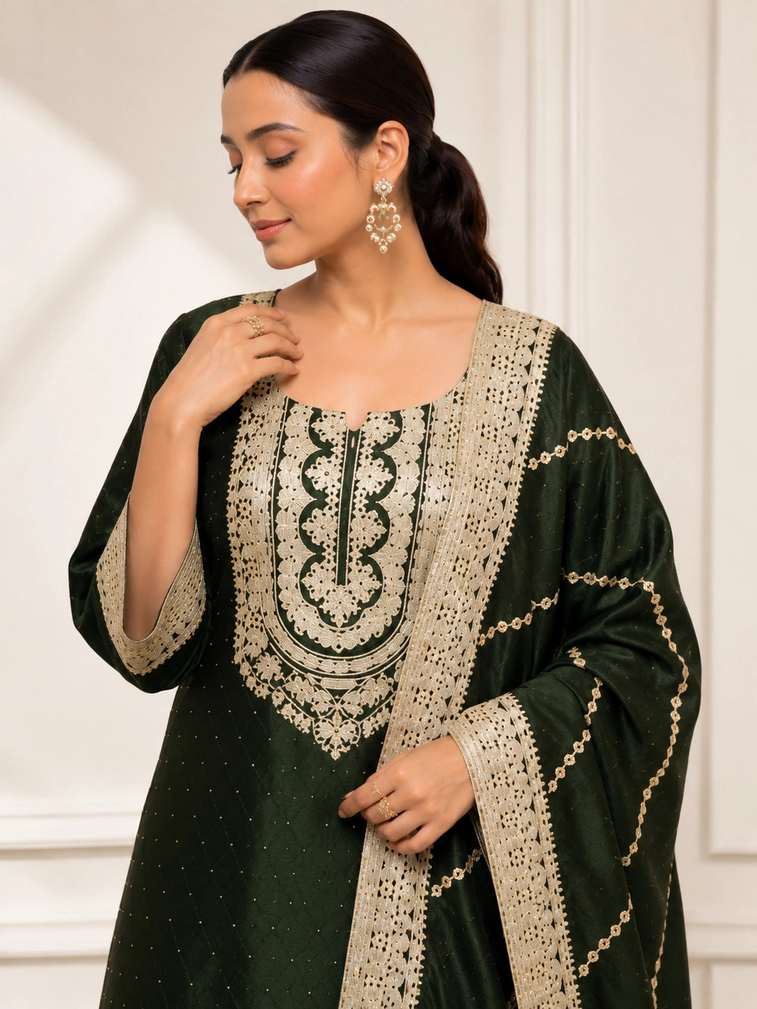 Mehendi Embroidered Kurti Set with Dupatta & Patiala Pants