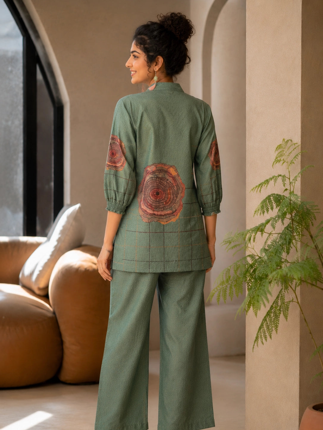 Pista Green Co-ord Set with Unique Tree Ring Print