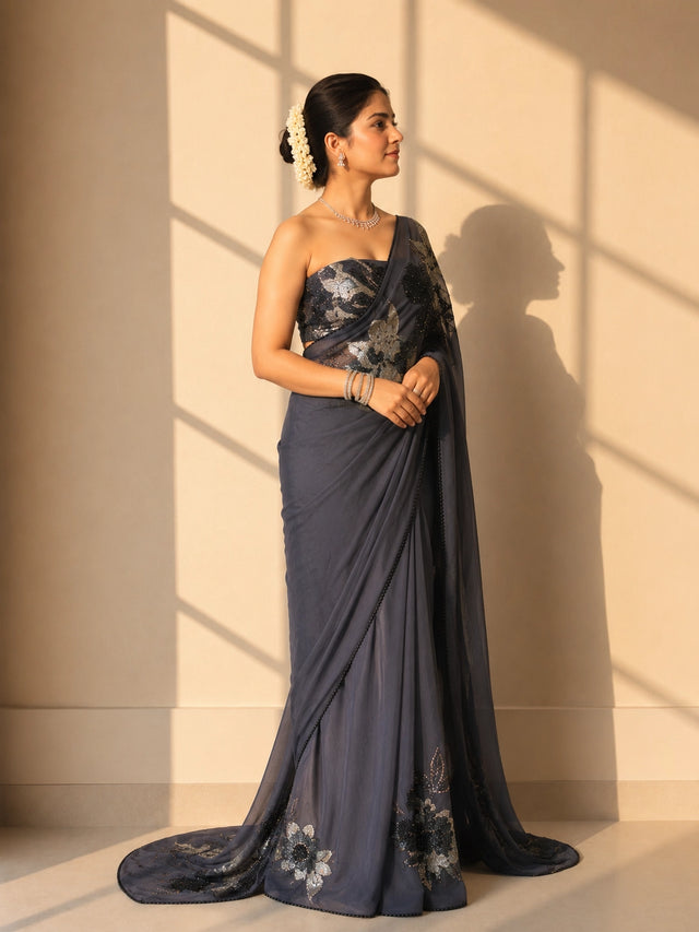 Grey Embroidered Designer Saree for Wedding & Party Wear