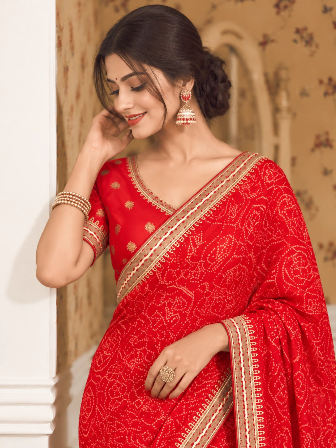 Red Printed Saree with Intricate Zari Border