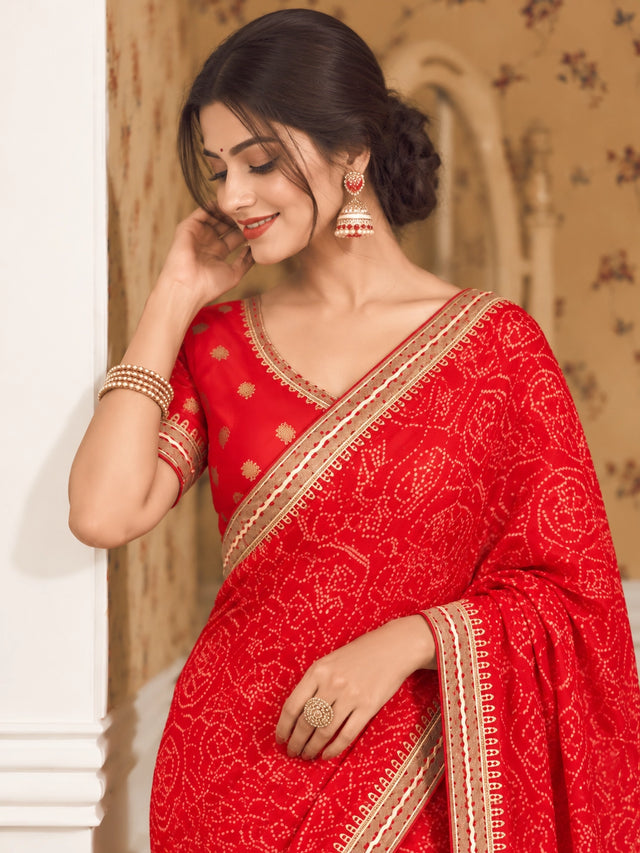 Red Printed Saree with Intricate Zari Border