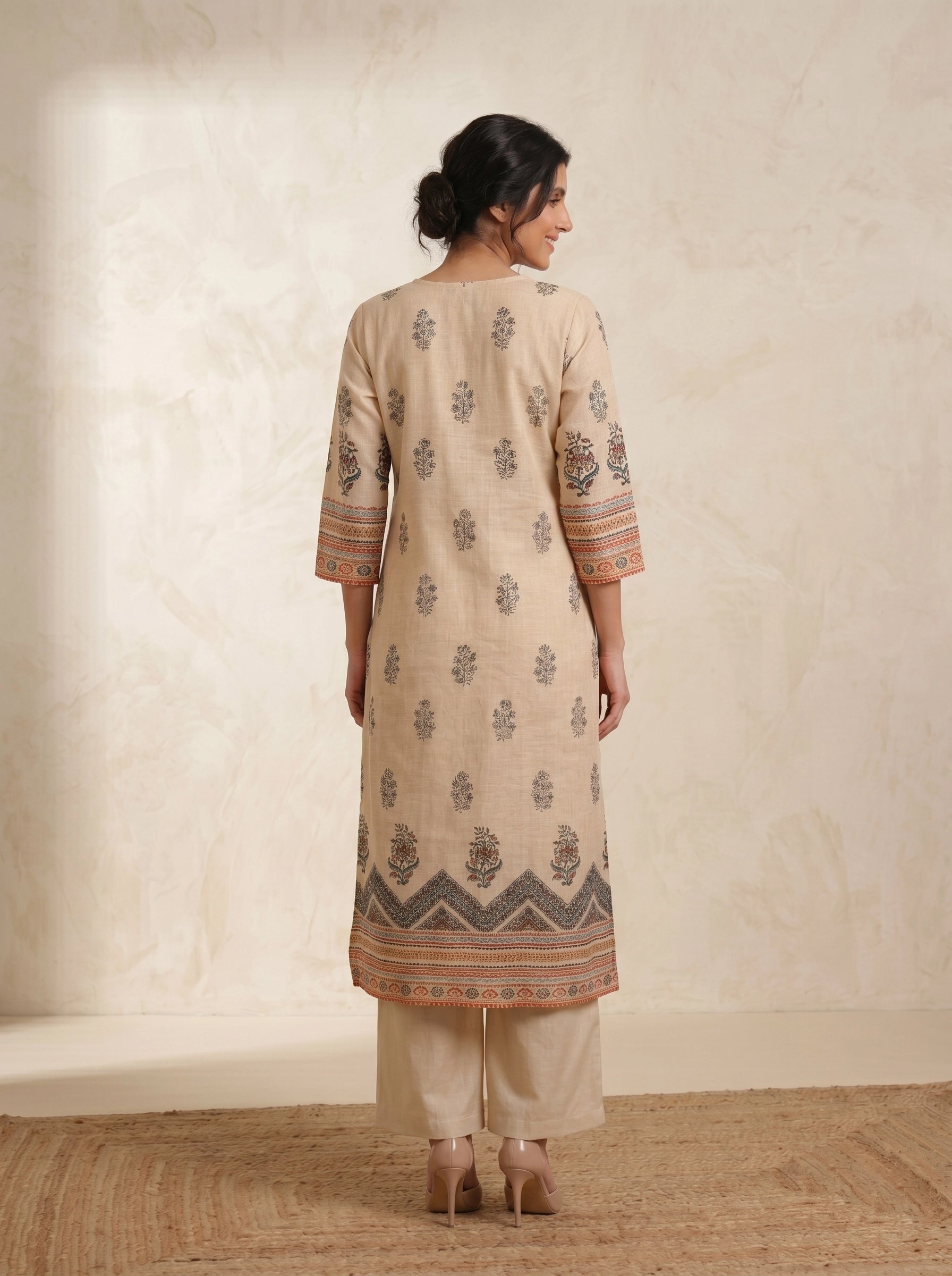Elegant Beige Printed Kurti and Pants Set with Scarf