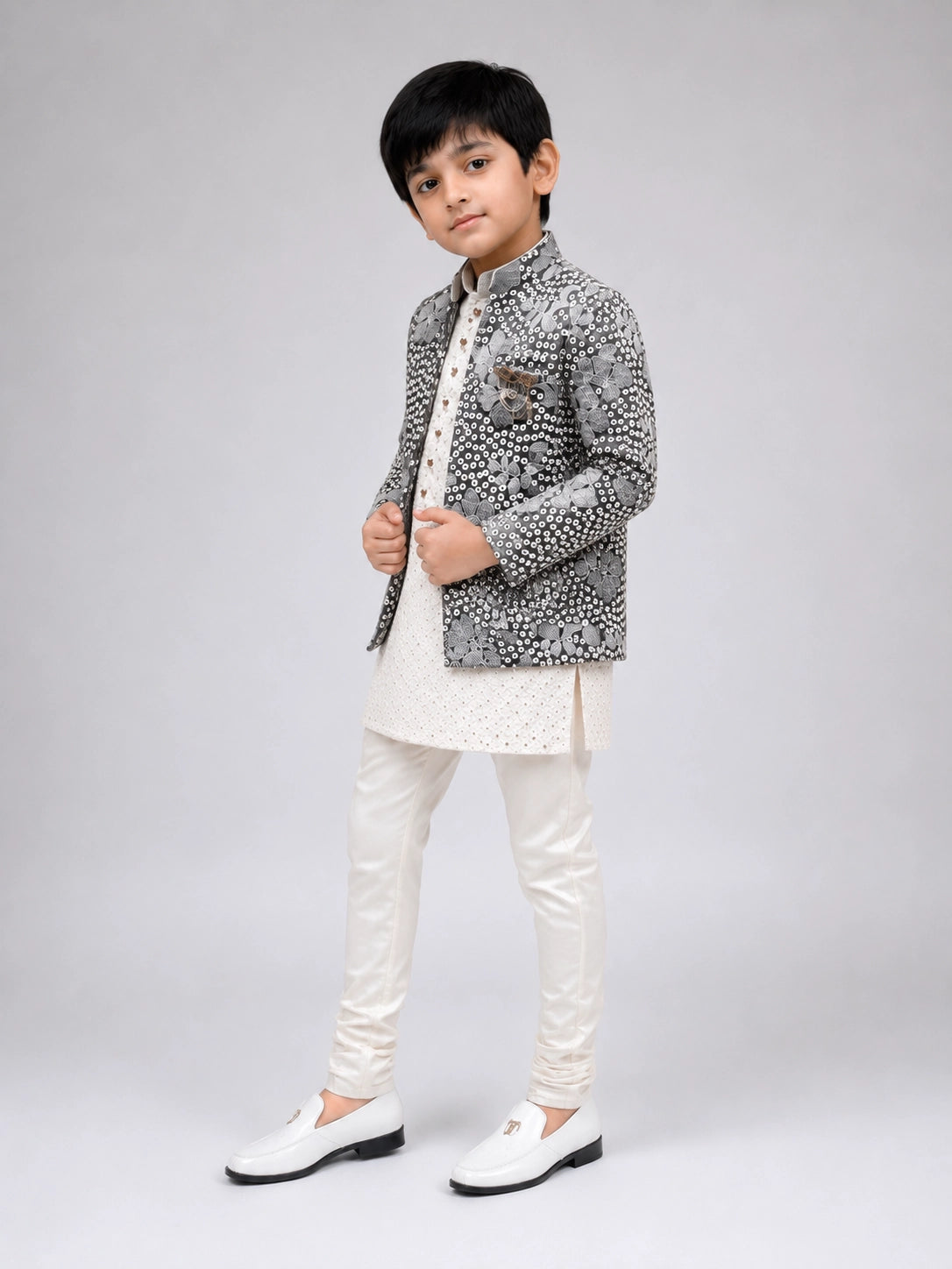 Boys Pista Printed Indo-Western Jacket Set with Cream Kurta & Pajama