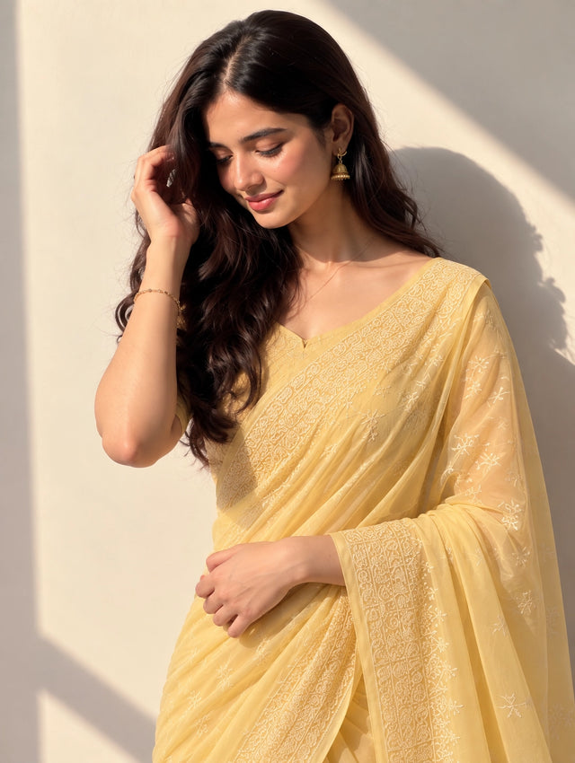 Elegant Yellow Floral Embroidered Saree