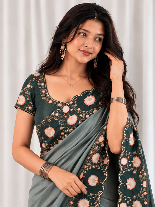 Elegant Green Embroidered Saree  with Floral Border