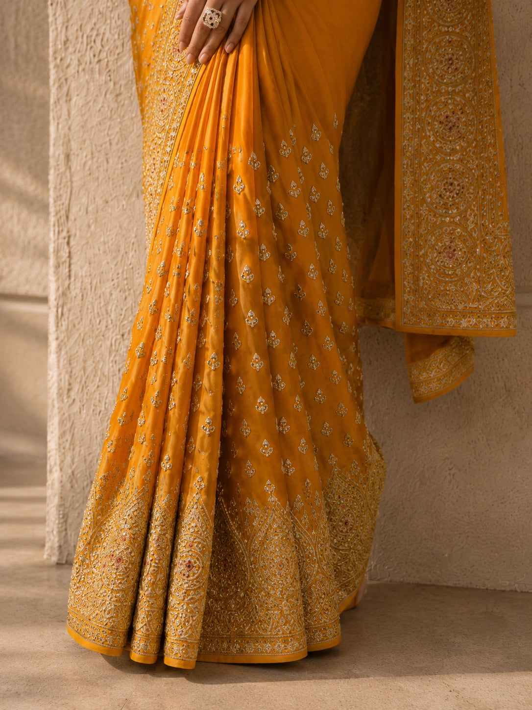Mustard Yellow Hand Embroidered Designer Saree