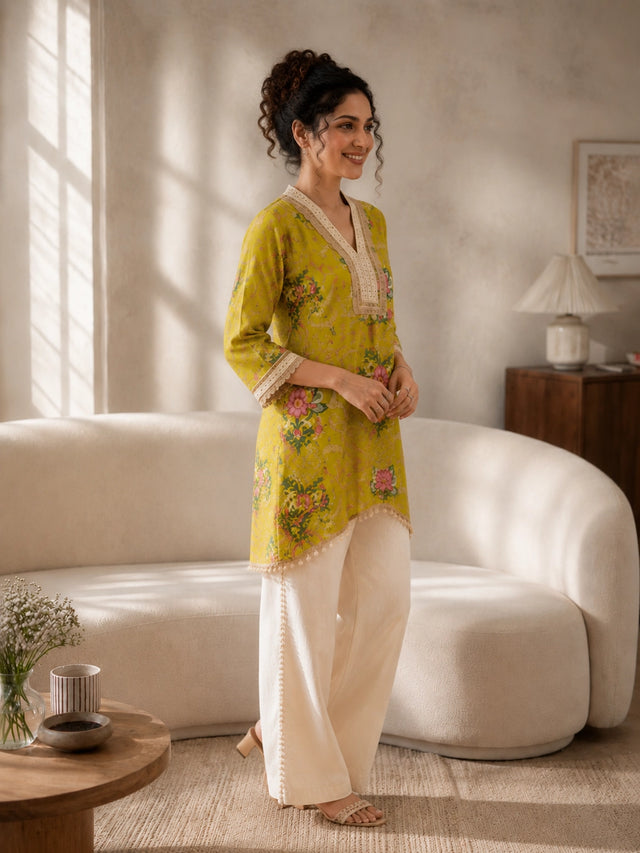 Vibrant Yellow Floral Print Co ord set with Cream Pants