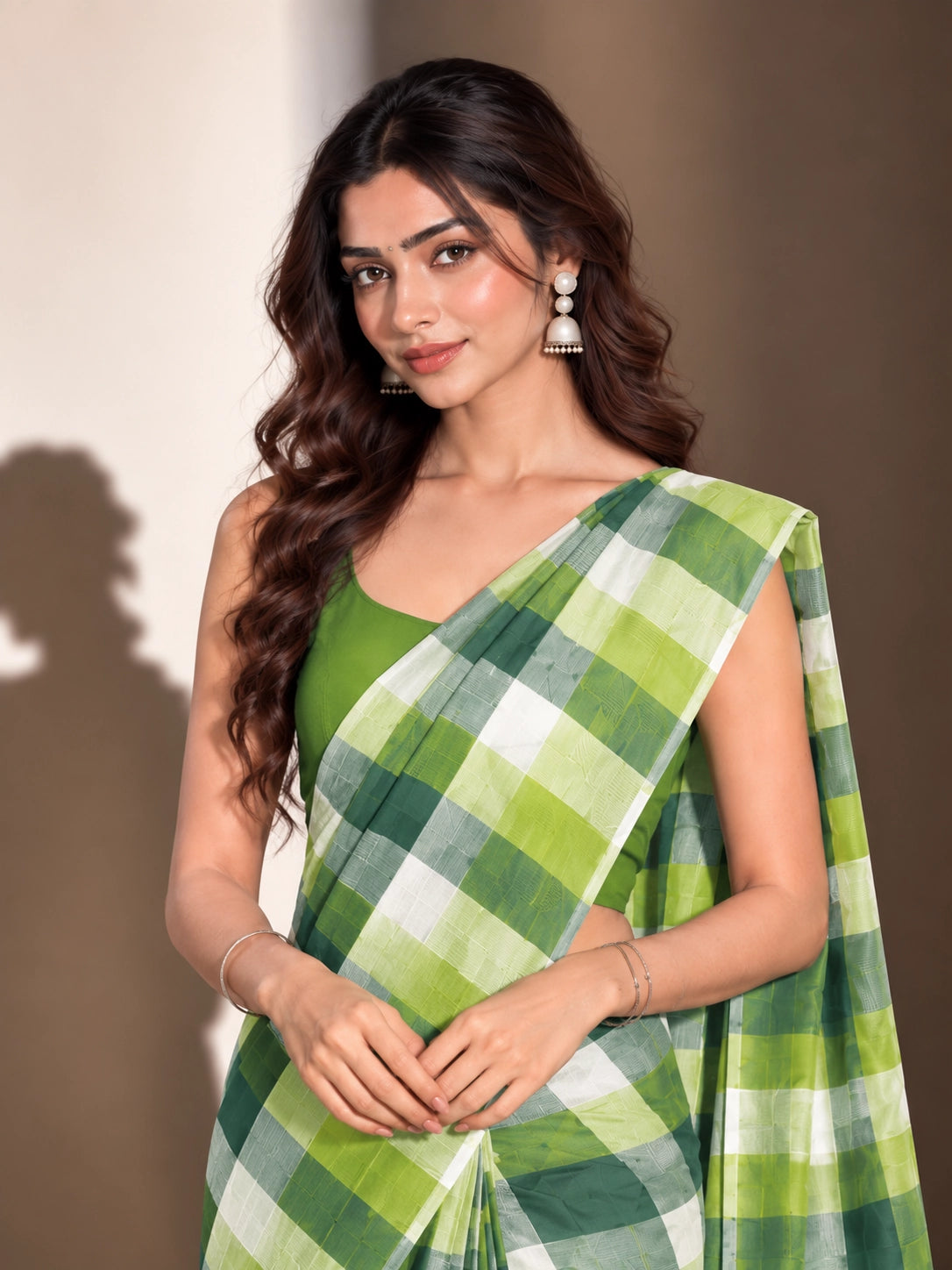 Designer Woven Saree with Checks Pattern & Elegant Tassel Border