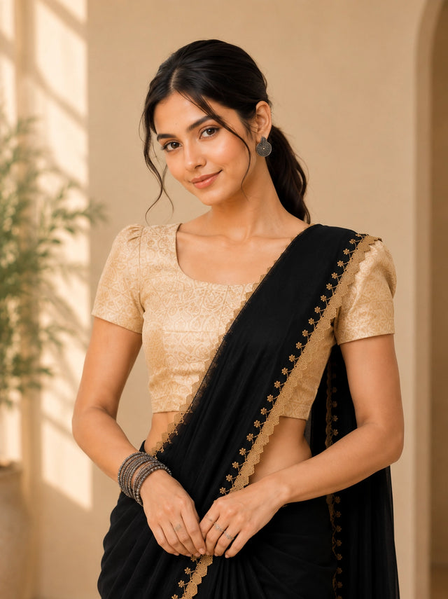Elegant Black Saree with Gold Embroidered Border and Blouse