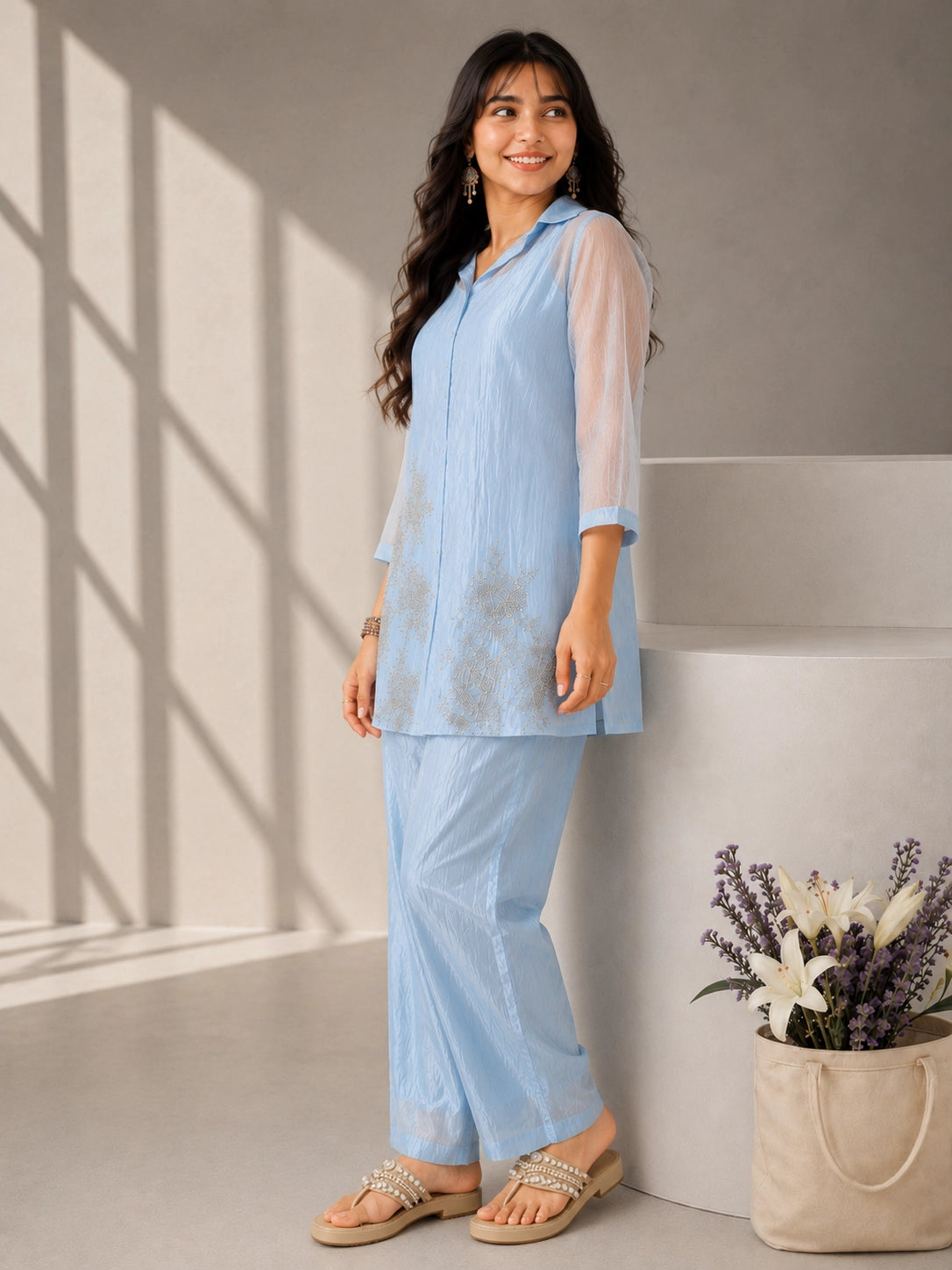 Sky Blue Embroidered Co-Ord Set with Straight Kurta & Wide-Leg Pants