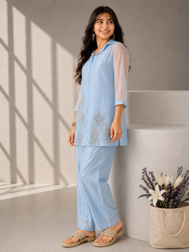 Sky Blue Embroidered Co-Ord Set with Straight Kurta & Wide-Leg Pants
