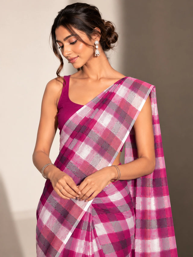 Designer Woven Saree with Checks Pattern & Elegant Tassel Border