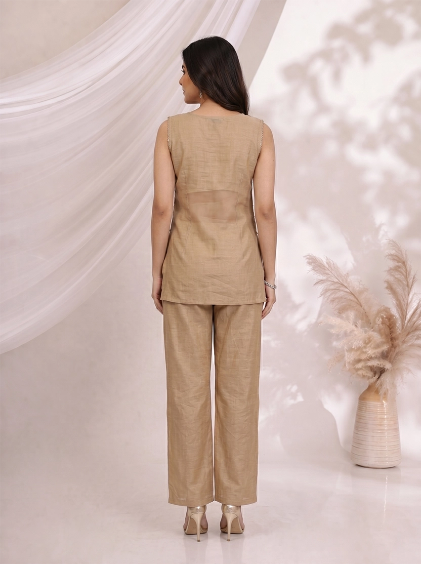Beige Printed Kurti Set with Embroidered Neckline & Kurti Pants