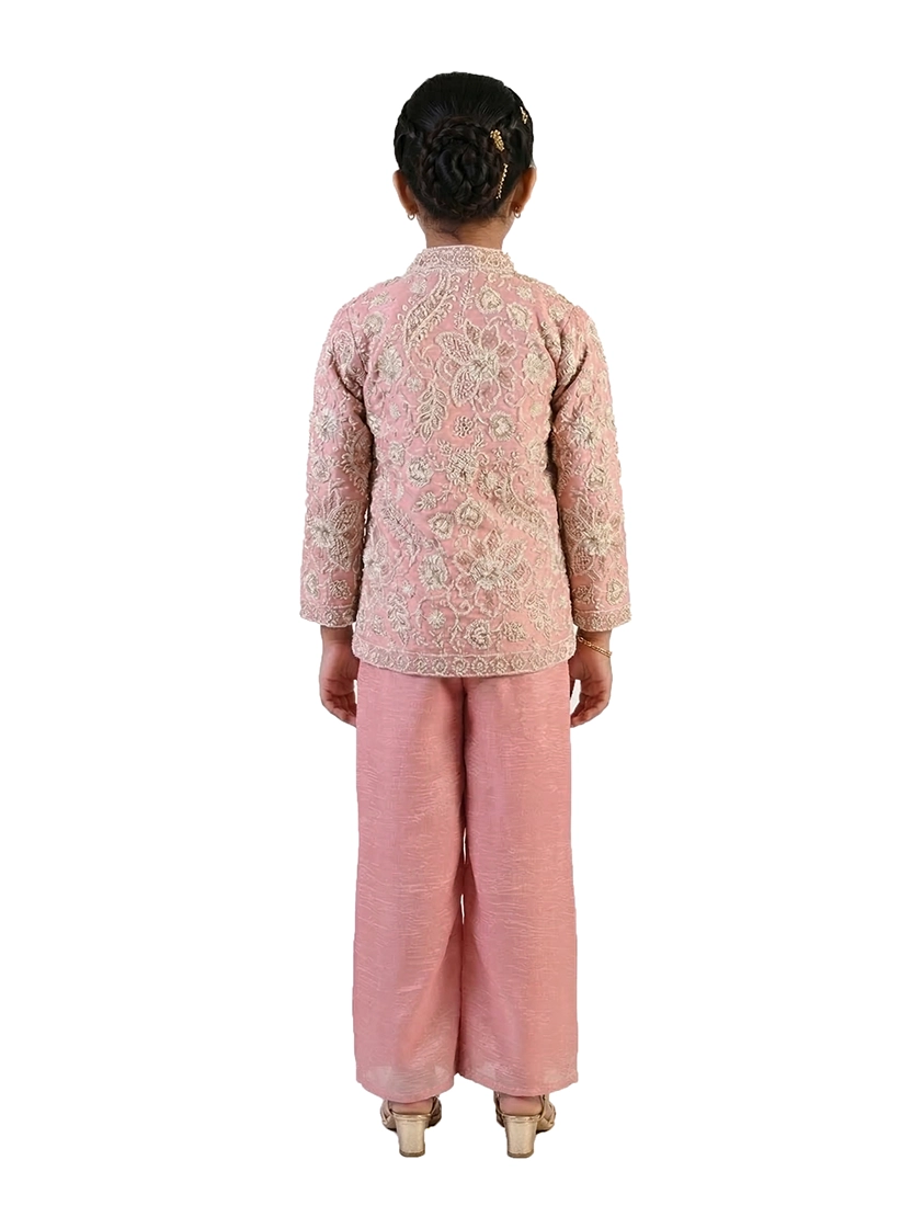 pink embroidered co ord set for girls with jacket and pants satin crepe party wear kids outfit