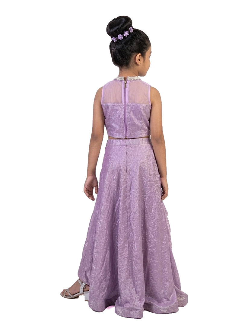 purple embellished party gown for girls with draped design synthetic kids ethnic dress