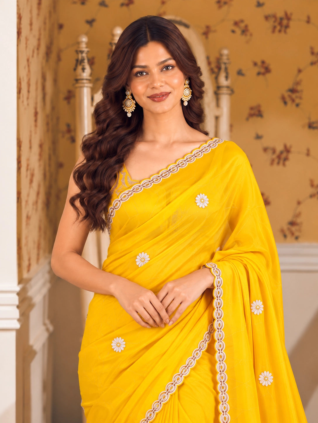 Mustard Embroidered Saree with Elegant Lace Border