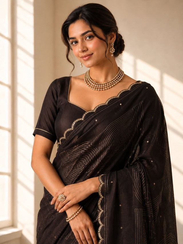 Elegant Brown Saree  with Scalloped Border and Geometric Print