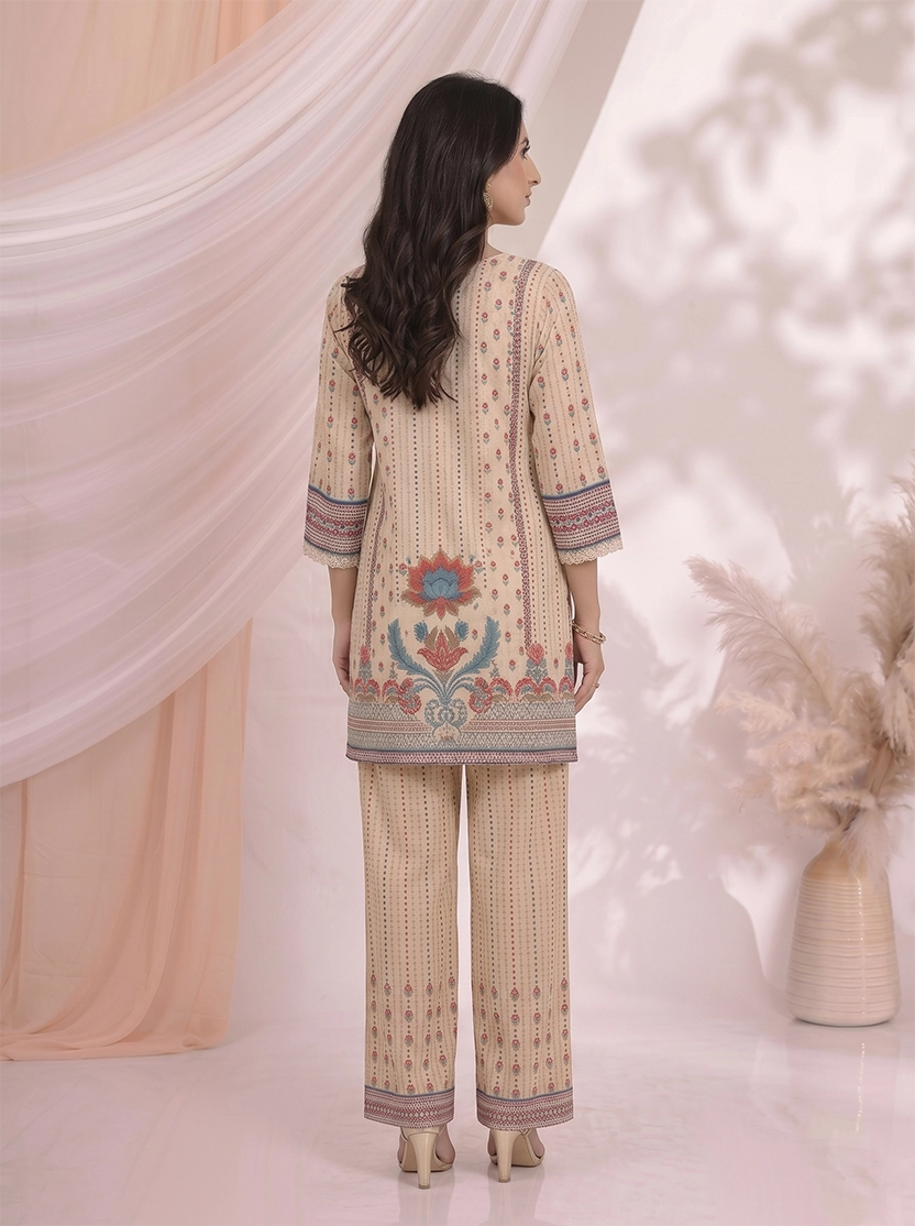 Cream Printed Co Ord Set for Women with Floral Design