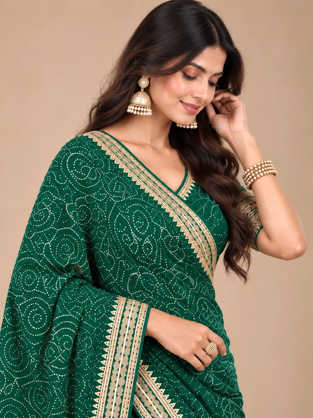 Emerald Green Printed Saree with Elegant Zari Border