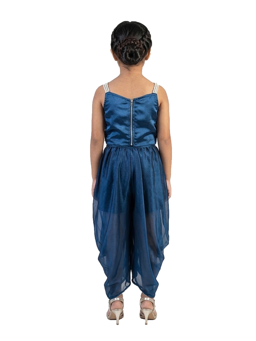 blue embellished ethnic co ord set for girls with cape style top and dhoti pants satin silk kids outfit