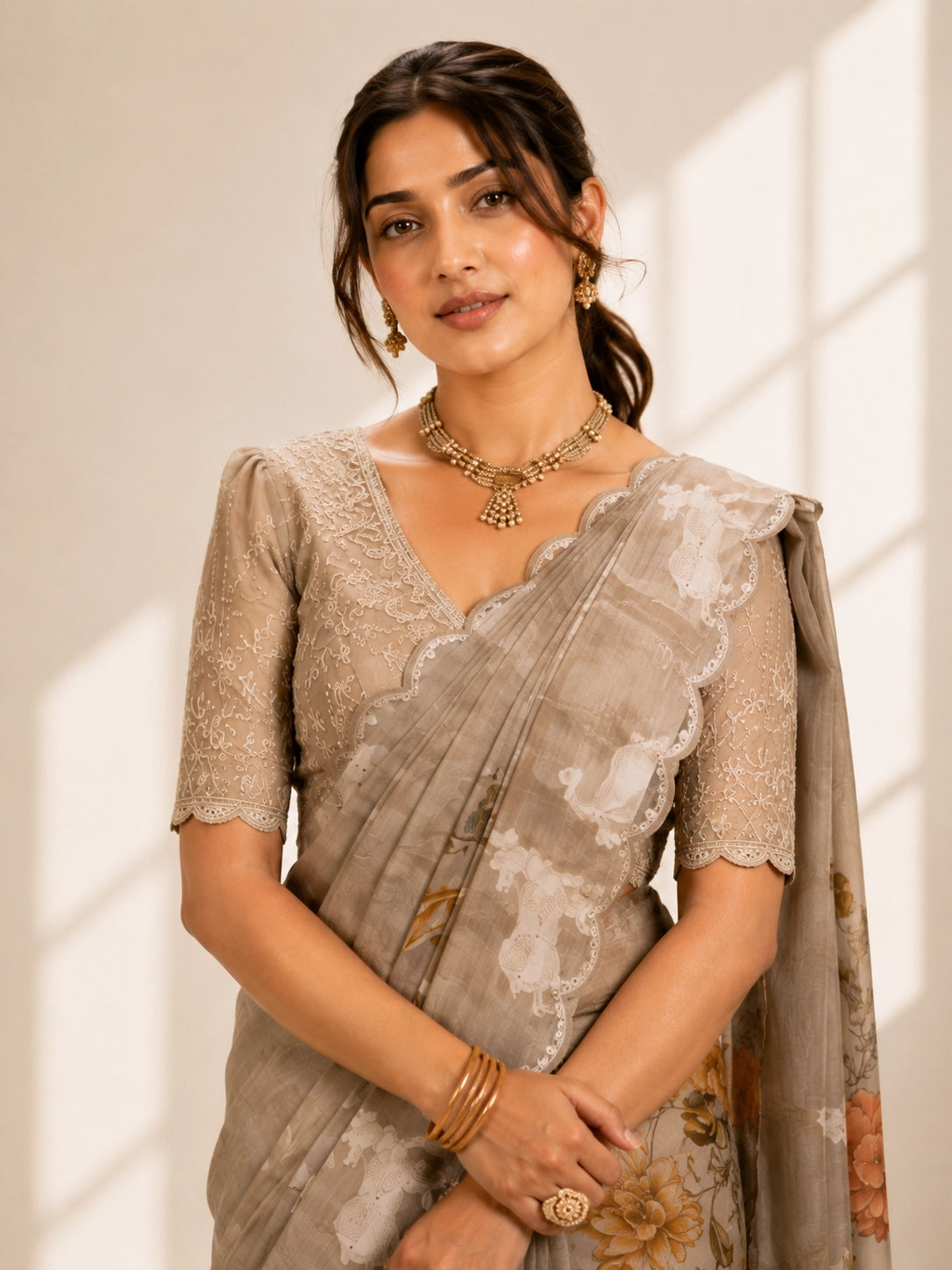 Elegant  Peach Floral Saree with Shimmering Golden Blouse