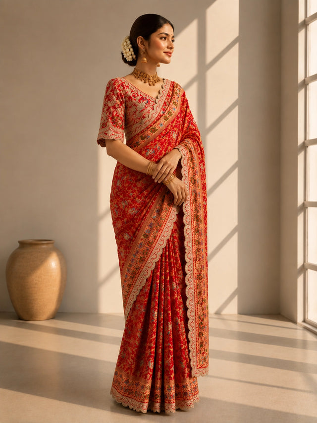Red Floral Printed Designer Saree | Wedding & Festive Wear Saree
