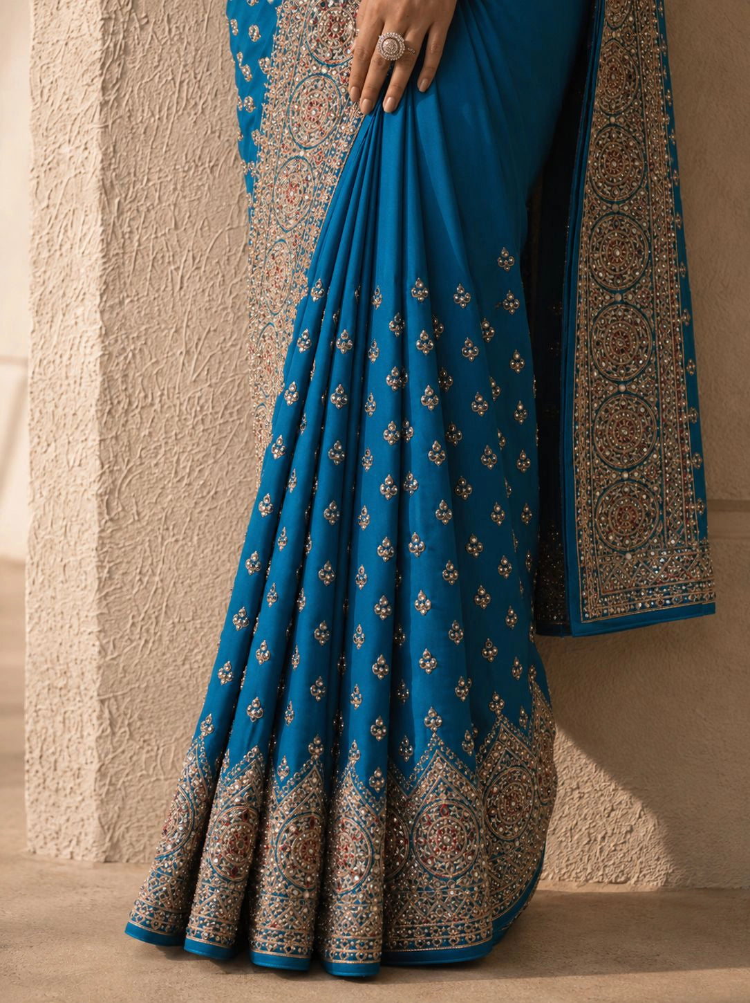 Firozi Embroidered Designer Saree with Intricate Zari Border