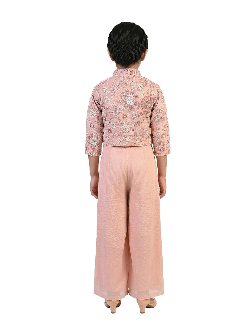 peach printed co ord set for girls with jacket and pants satin silk ethnic party wear kids outfit