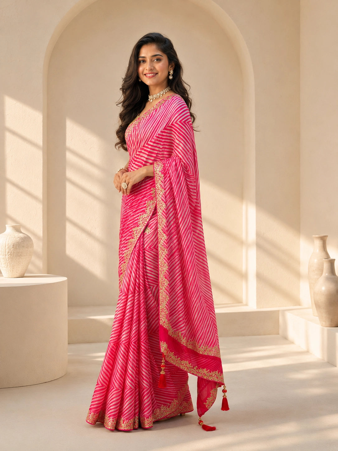 Pink Silk Saree with Embroidered Border