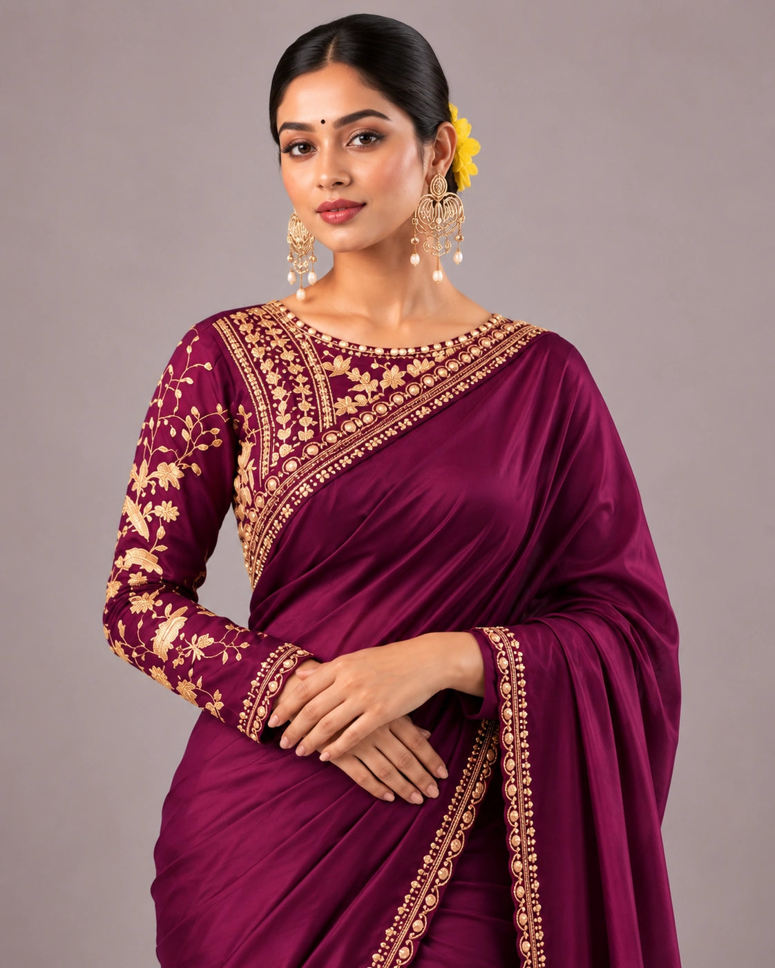 Elegant Designer Saree with Embroidered Border & Statement Blouse