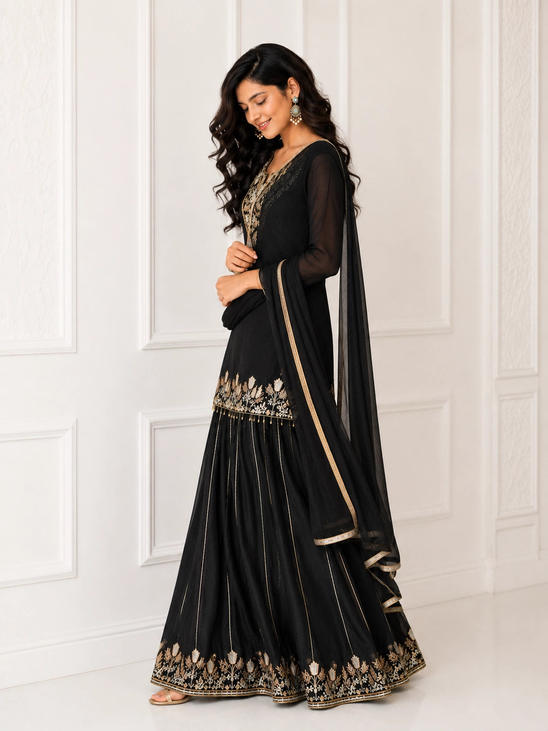 Black Embroidered Sharara Set with Dupatta for Women
