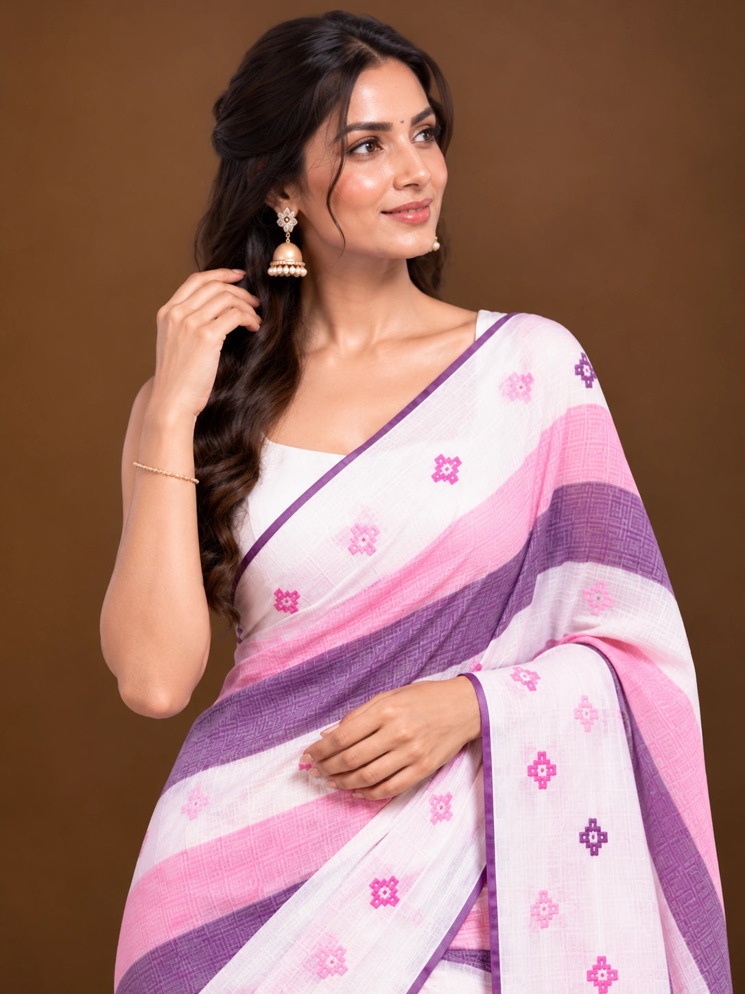 Designer Striped Cotton Saree with Floral Motifs & Contrast Border