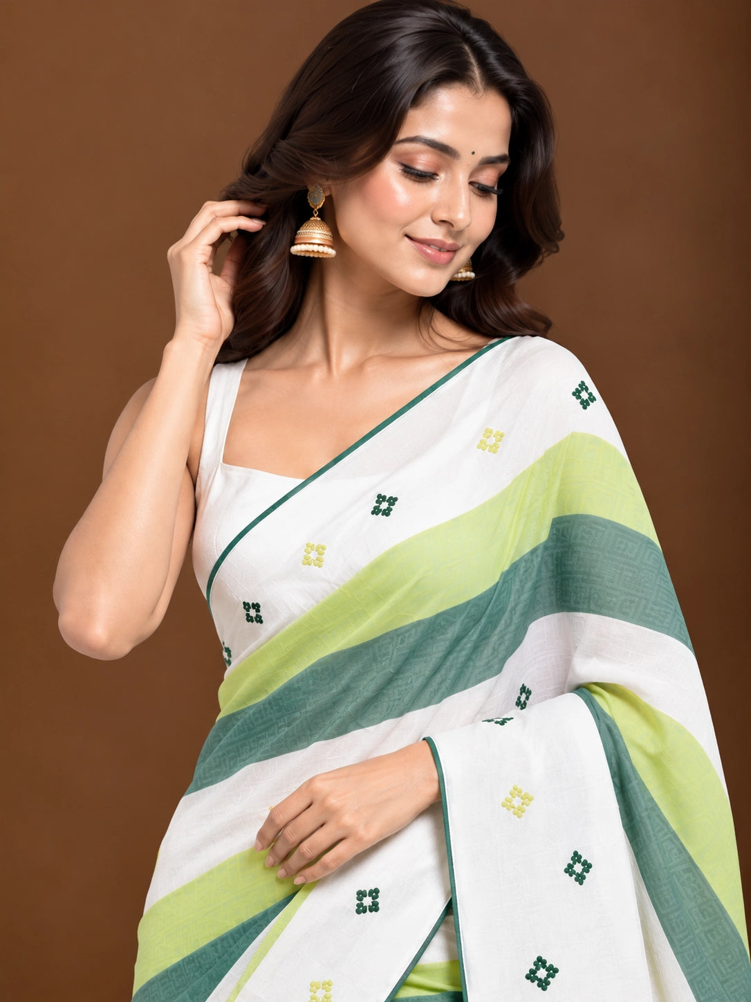 Designer Striped Cotton Saree with Floral Motifs & Contrast Border